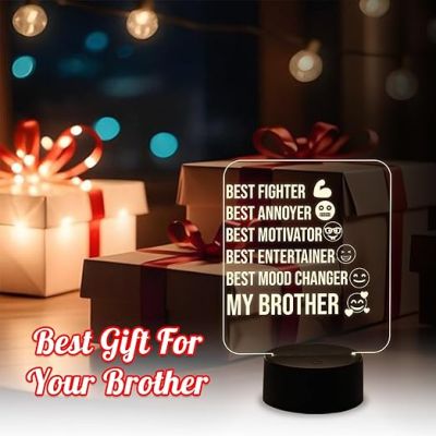 Gift of Brother Engraved Acrylic Night Light with USB & Warm White Light Birthday Gift for Brother Best Fighter Best Entertainer Night Lamp Gift for Bhai